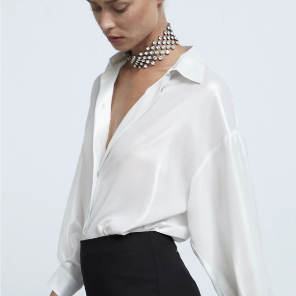 NWT / S/ ZARA Flowy Oversized Shimmer White  Pearl blouse button down shirt - Picture 15 of 16